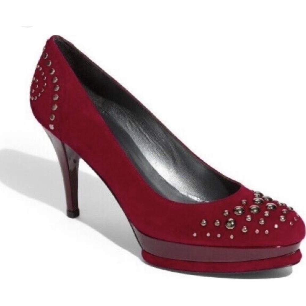 Stuart Weitzman Marse Suede Pump Platform Round Toe Slim Heel Stud Scarlet Red 8
